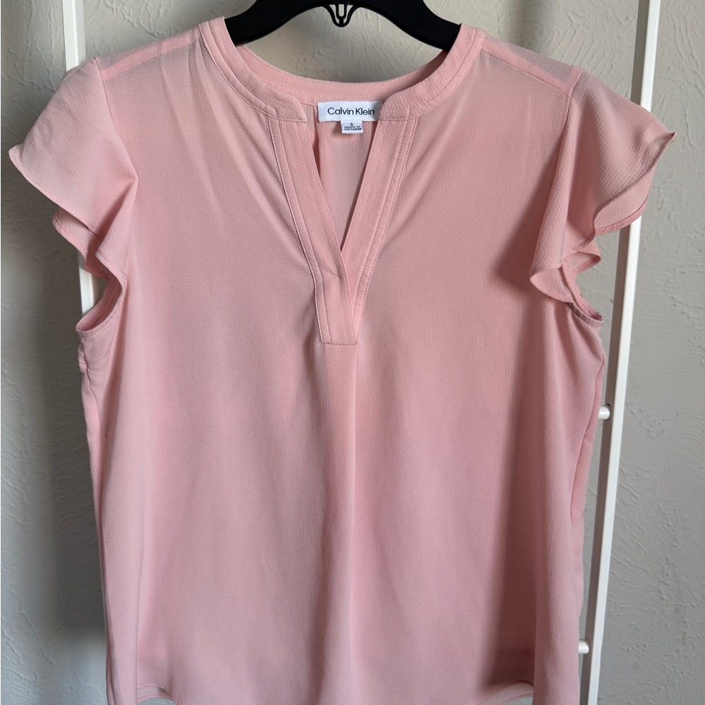 Calvin Klein Pink Flutter Sleeve Blouse with Mandarin Collar